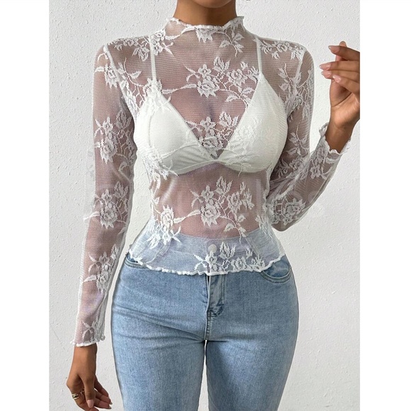 White Lace Sheer Floral Long Sleeve Top Shirt - Picture 4 of 8